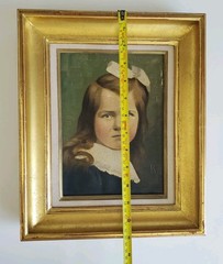Antique German Oil Portrait Painting Young Girl Bow Gold Gilt Wood Frame Signed
