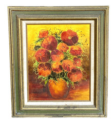 Vtg Mid-Century Poppy Flower Oil Painting, H Douglas, Framed 24″W x 28″H