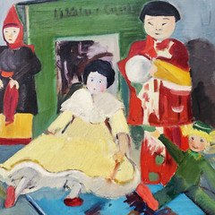 Large Midcentury Oil Painting, Still Life with Dolls – Signed Frances van Loan