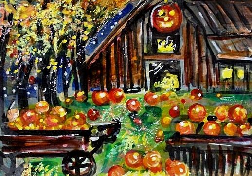 ACEO Original PAINTING Summer Fall Night BARN Pumpkins FARM Landscape ATC ART