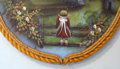 R E Dawson, Oil On Board Painting Child & 1840s Era Flag & School House