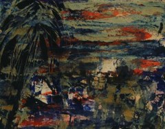 Mid Century 1969 Abstract Gouache Of Tropical Harbor Scene by Artist Henry Aubry