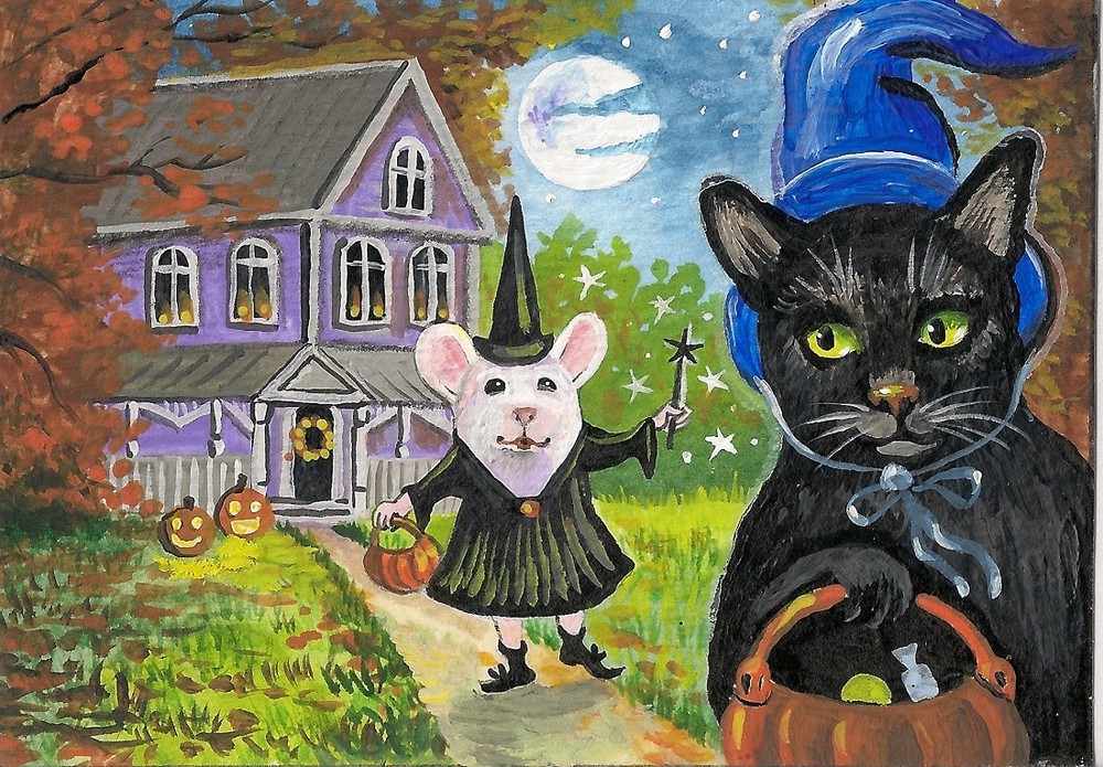 ACEO PRINT OF PAINTING BLACK CAT MOUSE MICE RYTA HALLOWEEN FOLK PUMPKINS art 🎃