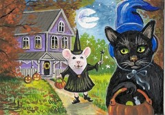 ACEO PRINT OF PAINTING BLACK CAT MOUSE MICE RYTA HALLOWEEN FOLK PUMPKINS art 🎃