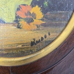Vtg Original Oil Painting Floral Still Life Oval Deep Wood Frame 12×14 Moody