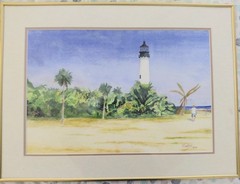 Key Biscayne Lighthouse Fisherman Watercolor Painting J.P. Caulfield 20 x 27