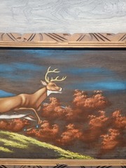 Vintage Deer Velvet Painting 1970s￼- Mexico Wooden Carved Frame Forest