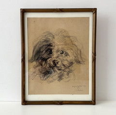 Antique French charcoal drawing of a dog portrait 1944’s, framed pet painting
