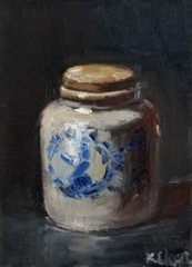 Blue and White Mustard Jar – still life oil painting-5” x 7” by Karen Chan