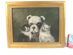 Antique 19C Cute Dog & Cats O/C Painting