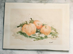 Vtg 80’s EDI SWEET Original Watercolor Painting Folk Art Pumpkins Signed 16 x 11