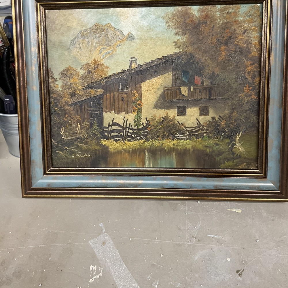 J.Fischer Vintage Painting Art Oil Hardboard 13”x10” Village House 1940-1960’s