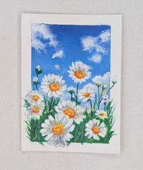ACEO Original Painting Daisies Blue Sky Clouds Floral Miniature Art OOAK