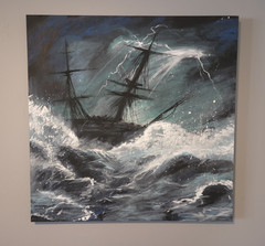 Impressionist Seascape Painting Sailing Ship in Stormy Sea Lightning Unframed