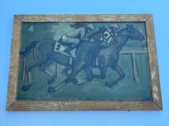 Antique Painting Impressionism Horse Race Track Jockey Portrait Mid Century Wpa