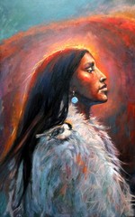 Original Oil Painting BUFFALO BULL FIRE Native WESTERN WOMAN Chickadee SUN GLOW