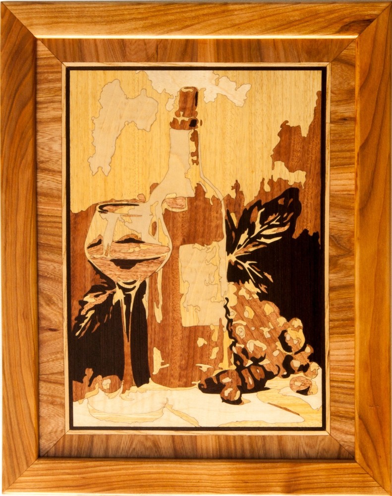 Wine & grape still life wood home decor kitchen wooden wall art boho marquetry