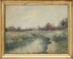 Henry Woods English Artist Impressionist Misty Day Meandering Stream Painting