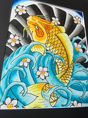 Original Watercolor Golden Koi Fish Japanese Art Tattoo Style Painting by Kev G