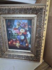 Framed Floral Still Life Oil Painting Signed Karp Ornate Gold Frame 16″ x 16″…