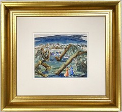 Vintage IMPRESSIONIST WATERCOLOR PAINTING Landscape with Figures Fallen Trees